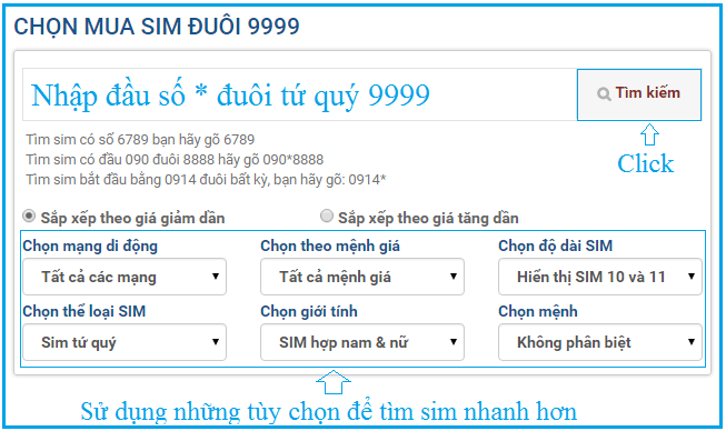 Hướng dẩn cách tìm sim tứ quý 9999 nhanh chóng trên www.simsogiare.com