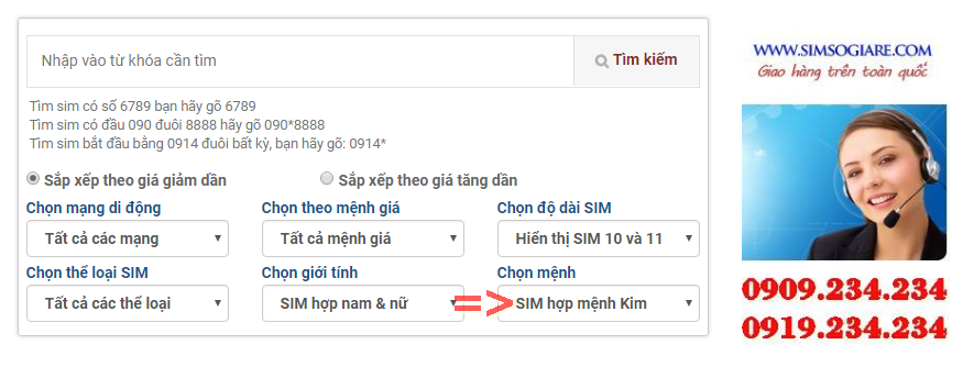 Bộ lọc tìm sim số đẹp hợp mệnh Kim siêu tốc tại Simsogiare.com